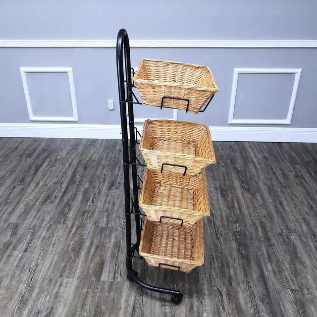 Alt view image 6 of 6 - ® Rolling Wicker Basket Display 4 Tier Market Merchandiser Stand Kitchen Pantry Organizer on Wheels 120009-NF