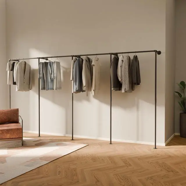 Main image of Wall Mounted Clothes Rack Single Rod Industrial Pipe Clothing Rack | Black | 154.33 in Wide, 75.98 in Tall | 794 lbs Capacity | Assembly in 55 min