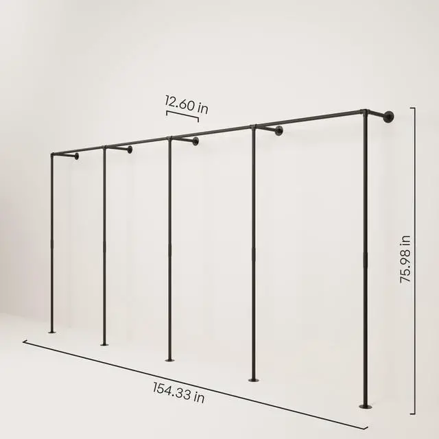 Alt view image 2 of 6 - Wall Mounted Clothes Rack Single Rod Industrial Pipe Clothing Rack | Black | 154.33 in Wide, 75.98 in Tall | 794 lbs Capacity | Assembly in 55 min