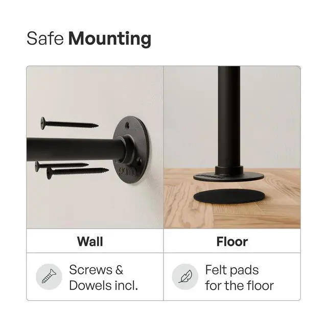 Alt view image 5 of 6 - Wall Mounted Clothes Rack Single Rod Industrial Pipe Clothing Rack | Black | 154.33 in Wide, 75.98 in Tall | 794 lbs Capacity | Assembly in 55 min