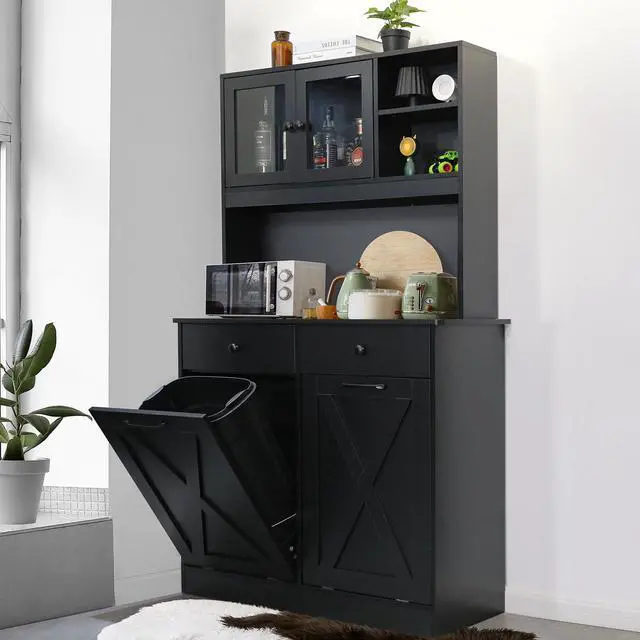 Main image of Dual Tilt Out Trash&Storage Cabinet, Kitchen Sideboard Cupboard W/Pet Proof 10X2 Gal Hidden Garbage Holder, Freestand Laundry Sort Cabinet, W/Drawer, Shelves,Barn Door (Black)