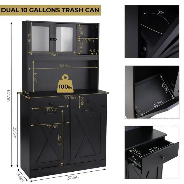 Alt view image 2 of 6 - Dual Tilt Out Trash&Storage Cabinet, Kitchen Sideboard Cupboard W/Pet Proof 10X2 Gal Hidden Garbage Holder, Freestand Laundry Sort Cabinet, W/Drawer, Shelves,Barn Door (Black)