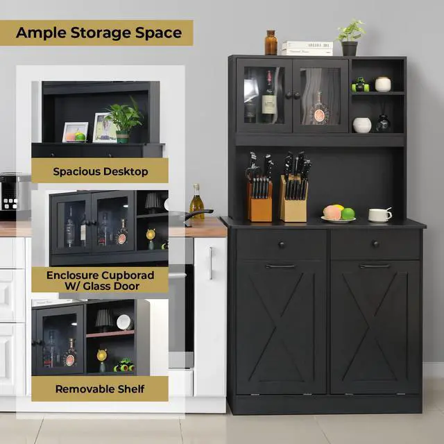 Alt view image 3 of 6 - Dual Tilt Out Trash&Storage Cabinet, Kitchen Sideboard Cupboard W/Pet Proof 10X2 Gal Hidden Garbage Holder, Freestand Laundry Sort Cabinet, W/Drawer, Shelves,Barn Door (Black)