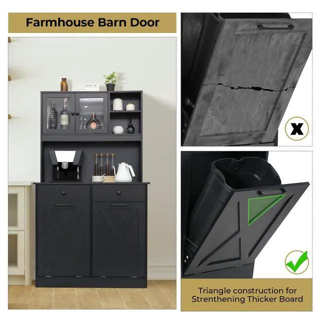 Alt view image 4 of 6 - Dual Tilt Out Trash&Storage Cabinet, Kitchen Sideboard Cupboard W/Pet Proof 10X2 Gal Hidden Garbage Holder, Freestand Laundry Sort Cabinet, W/Drawer, Shelves,Barn Door (Black)