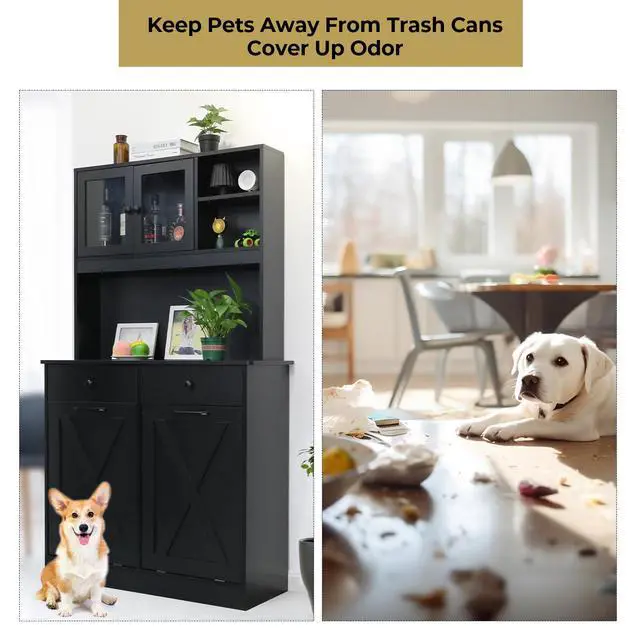 Alt view image 6 of 6 - Dual Tilt Out Trash&Storage Cabinet, Kitchen Sideboard Cupboard W/Pet Proof 10X2 Gal Hidden Garbage Holder, Freestand Laundry Sort Cabinet, W/Drawer, Shelves,Barn Door (Black)