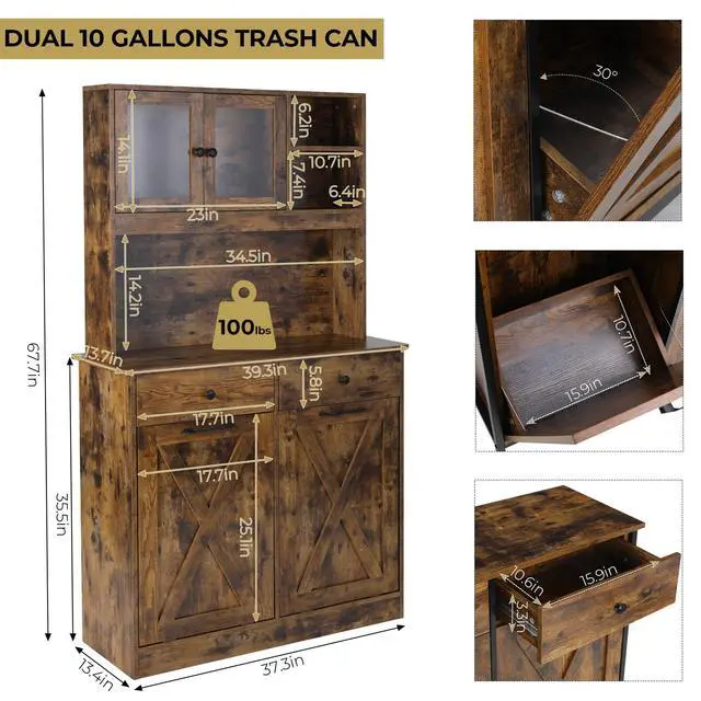 Alt view image 2 of 6 - Dual Tilt Out Trash&Storage Cabinet, Kitchen Sideboard Cupboard W/Pet Proof 10X2 Gal Hidden Garbage Holder, Freestand Laundry Sort Cabinet, W/Drawer, Shelves,Barn Door (Vintage Wood)