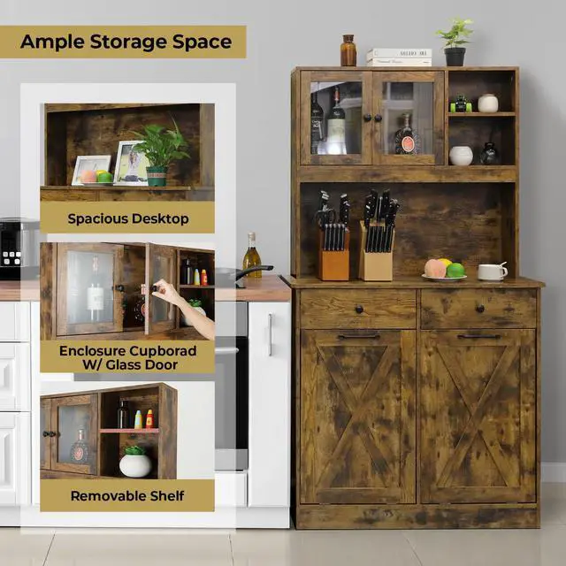 Alt view image 3 of 6 - Dual Tilt Out Trash&Storage Cabinet, Kitchen Sideboard Cupboard W/Pet Proof 10X2 Gal Hidden Garbage Holder, Freestand Laundry Sort Cabinet, W/Drawer, Shelves,Barn Door (Vintage Wood)