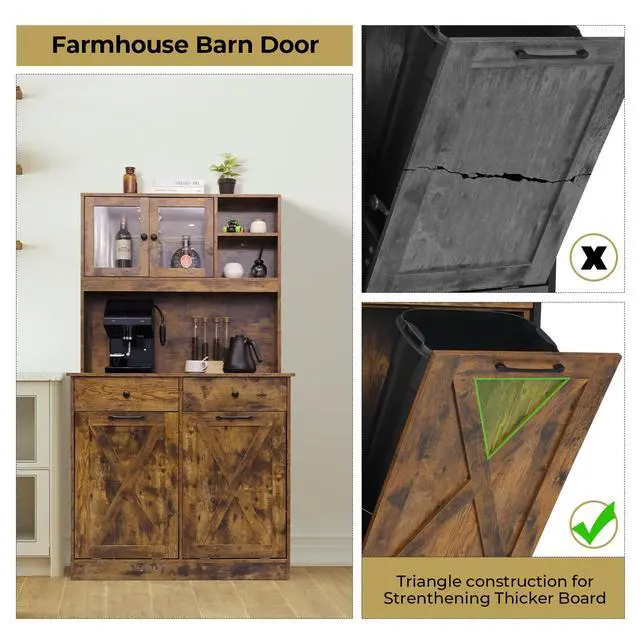 Alt view image 4 of 6 - Dual Tilt Out Trash&Storage Cabinet, Kitchen Sideboard Cupboard W/Pet Proof 10X2 Gal Hidden Garbage Holder, Freestand Laundry Sort Cabinet, W/Drawer, Shelves,Barn Door (Vintage Wood)