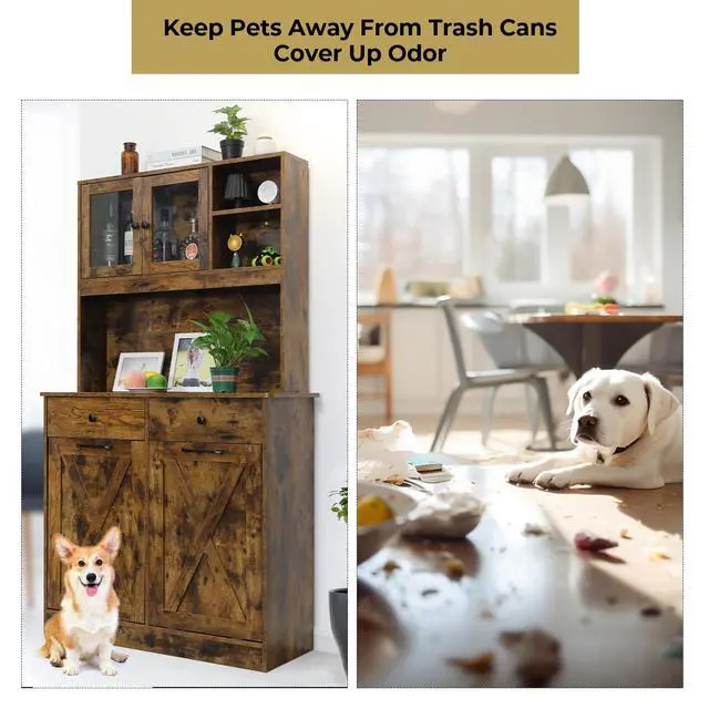 Alt view image 6 of 6 - Dual Tilt Out Trash&Storage Cabinet, Kitchen Sideboard Cupboard W/Pet Proof 10X2 Gal Hidden Garbage Holder, Freestand Laundry Sort Cabinet, W/Drawer, Shelves,Barn Door (Vintage Wood)