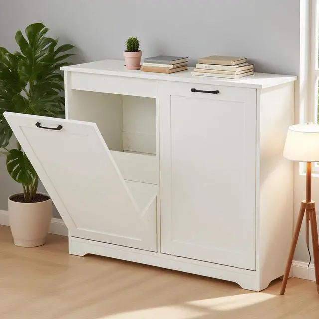 Main image of Double Tilt Out Trash Cabinet, Kitchen Hidden Garbage Can with Negative Ion & Deodorizing Function,Free Standing Recycling,Dog Proof 10 Gallon Trash Bin Cabinet for Bathroom, Living Room
