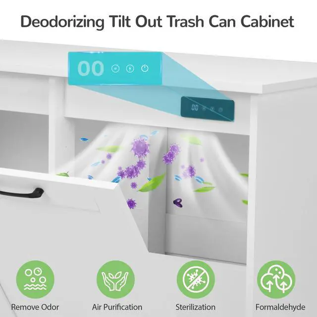 Alt view image 2 of 6 - Double Tilt Out Trash Cabinet, Kitchen Hidden Garbage Can with Negative Ion & Deodorizing Function,Free Standing Recycling,Dog Proof 10 Gallon Trash Bin Cabinet for Bathroom, Living Room