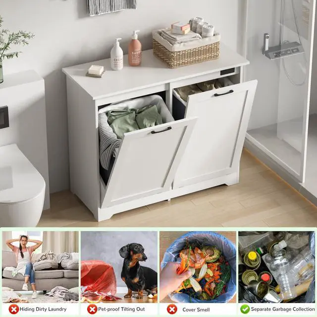 Alt view image 3 of 6 - Double Tilt Out Trash Cabinet, Kitchen Hidden Garbage Can with Negative Ion & Deodorizing Function,Free Standing Recycling,Dog Proof 10 Gallon Trash Bin Cabinet for Bathroom, Living Room