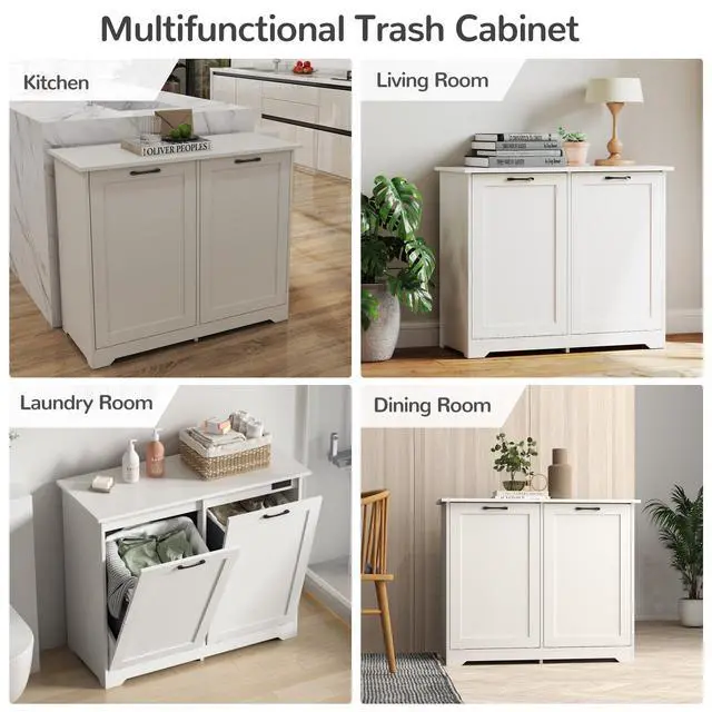 Alt view image 6 of 6 - Double Tilt Out Trash Cabinet, Kitchen Hidden Garbage Can with Negative Ion & Deodorizing Function,Free Standing Recycling,Dog Proof 10 Gallon Trash Bin Cabinet for Bathroom, Living Room