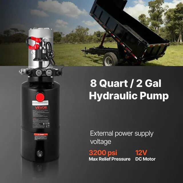 Alt view image 2 of 6 - 8 Quart Hydraulic Power Unit, Double Acting Dump Trailer Pump, 3200 PSI Max Relief Pressure & 0.91 GPM Flow Rate, DC 12V Hydraulic Pump with Metal Reservoir for Dump Trailer Car Lifting