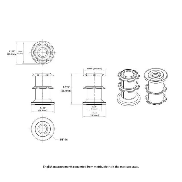 Alt view image 2 of 6 - Industries Double Star Threaded Caster Insert | Heat Treated Steel | Fits 1-1/8 Inch Round 16-18 Gauge Tube | Thread: 3/8-16 | 100 Pack