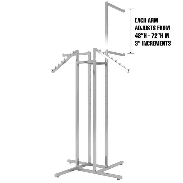 Alt view image 2 of 6 - 4-Way Clothing Rack Adjustable Height Display with 2 Straight and 2 Slanted Arms, 4872, Chrome Finish