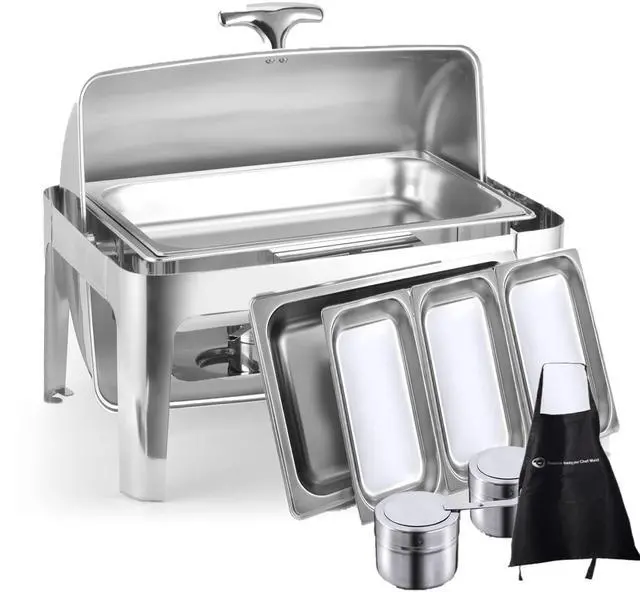 Main image of Deluxe Chafer Dish - 8-quart capacity -rectangular Includes Food Pan, Water Pan and Fuel Holders and durable, shiny silver, keeps food warm in catered events (Silver 8-Qt With Third Size Pan)