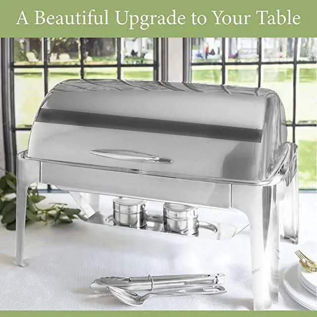 Alt view image 3 of 6 - Deluxe Chafer Dish - 8-quart capacity -rectangular Includes Food Pan, Water Pan and Fuel Holders and durable, shiny silver, keeps food warm in catered events (Silver 8-Qt With Third Size Pan)