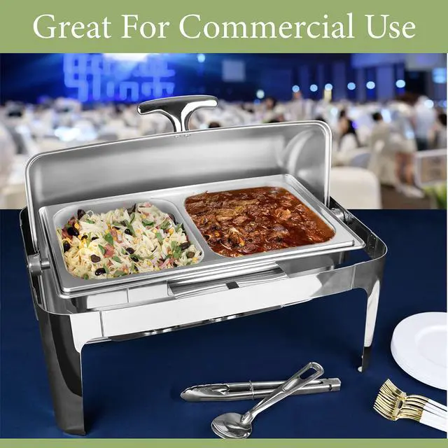 Alt view image 2 of 6 - Deluxe Chafer Dish - 8-quart capacity - Full-Size S/S rectangular Includes Food Pan, Water Pan and Fuel Holders (8-Qt with Sectional Pan)