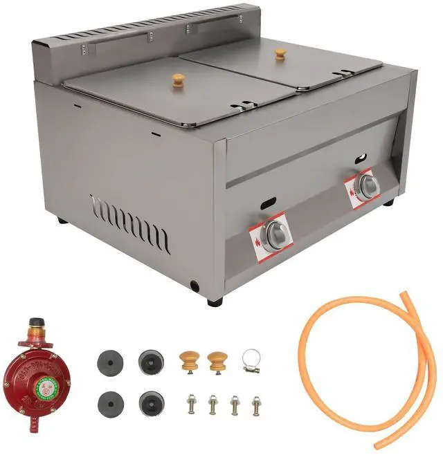 Main image of Propane LPG Gas Deep Fryer 2 Burners Commercial Countertop Deep Gas Fryer Natural Gas Food Warmer Stainless Steel 6L ×2 for French Fries Restaurant Home Kitchen, without Baskets (US Stock)