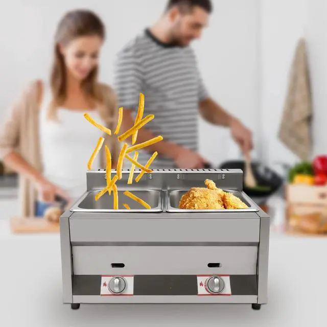 Alt view image 2 of 6 - Propane LPG Gas Deep Fryer 2 Burners Commercial Countertop Deep Gas Fryer Natural Gas Food Warmer Stainless Steel 6L ×2 for French Fries Restaurant Home Kitchen, without Baskets (US Stock)