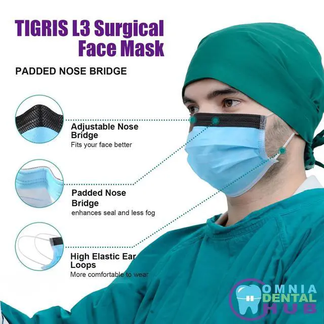 Alt view image 2 of 6 - 2000PCs Tigris Antifog Foam Blue Face Mask by Omnia ONE | 3Ply Level-3 Mask Breathable Individually Packed Indoor & Outdoor Use
