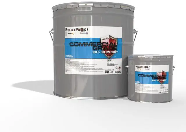 Main image of Bulletproof Resins: Commercial Grade 100% Solids Epoxy, 2-Component 2.8 Gallon Kit (Clear) Gloss Coat Finish- Low VOC - Higher UV Resistance - Industrial Use, Garages, Floors, Wood, Acrylic & More!