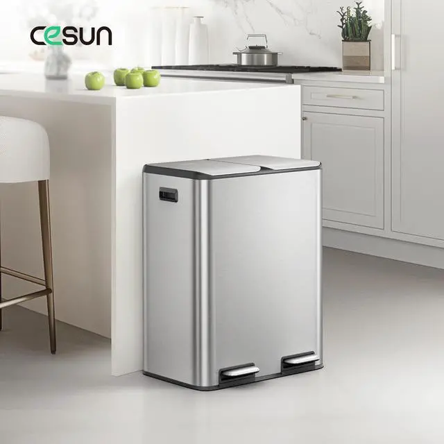 Alt view image 2 of 6 - Kitchen Trash Can, 8 + 8 Gallon Dual Trash and Recycle Bin Combo, 2 Compartment Stainless Steel Kitchen Garbage Can with Lid, Removable Inner Buckets, Soft Close, Odor Filter, 30L+30L