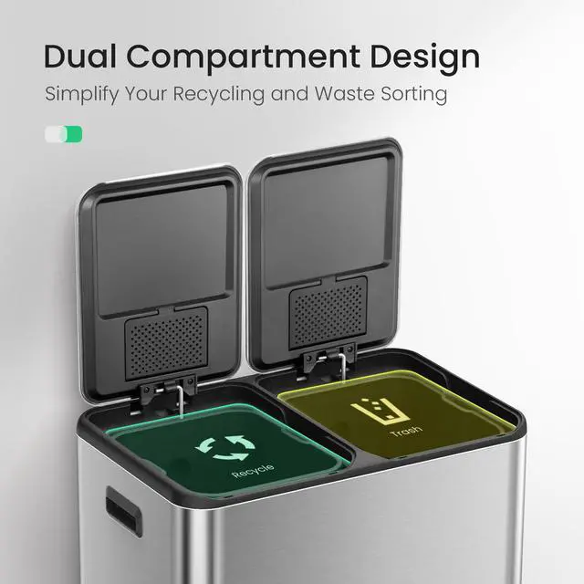 Alt view image 3 of 6 - Kitchen Trash Can, 8 + 8 Gallon Dual Trash and Recycle Bin Combo, 2 Compartment Stainless Steel Kitchen Garbage Can with Lid, Removable Inner Buckets, Soft Close, Odor Filter, 30L+30L