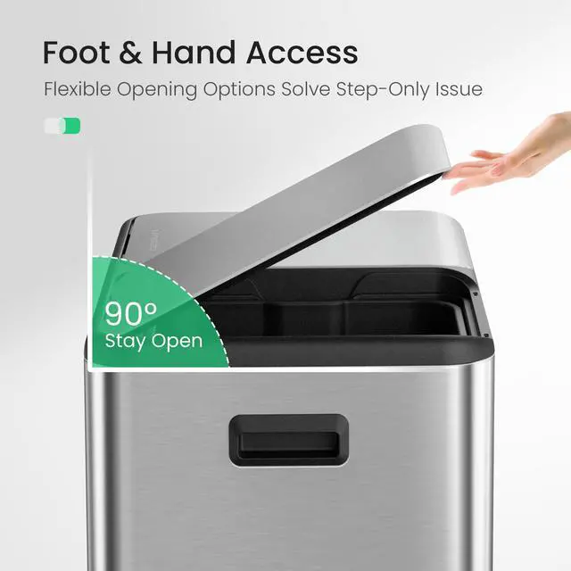 Alt view image 4 of 6 - Kitchen Trash Can, 8 + 8 Gallon Dual Trash and Recycle Bin Combo, 2 Compartment Stainless Steel Kitchen Garbage Can with Lid, Removable Inner Buckets, Soft Close, Odor Filter, 30L+30L
