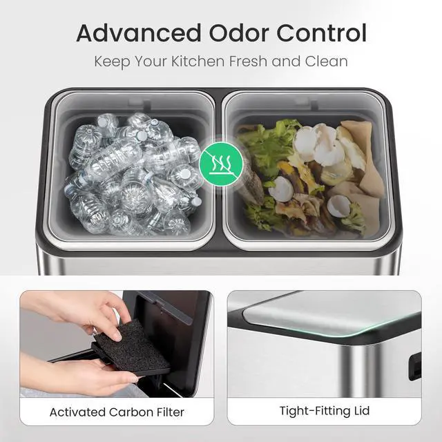 Alt view image 5 of 6 - Kitchen Trash Can, 8 + 8 Gallon Dual Trash and Recycle Bin Combo, 2 Compartment Stainless Steel Kitchen Garbage Can with Lid, Removable Inner Buckets, Soft Close, Odor Filter, 30L+30L