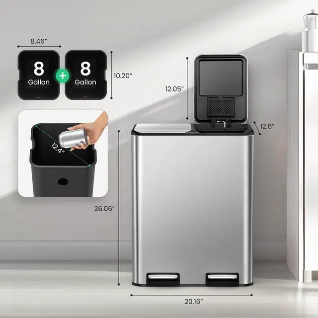 Alt view image 6 of 6 - Kitchen Trash Can, 8 + 8 Gallon Dual Trash and Recycle Bin Combo, 2 Compartment Stainless Steel Kitchen Garbage Can with Lid, Removable Inner Buckets, Soft Close, Odor Filter, 30L+30L