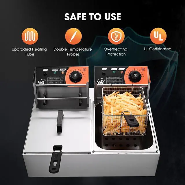 Alt view image 5 of 6 - Commercial Deep Fryer 24L 5000W with Dual Tank Baskets Stainless Steel Electric Countertop Fryer for Restaurant Bar