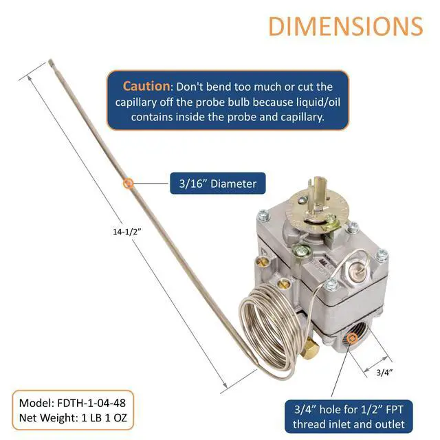 Alt view image 3 of 5 - Robertshaw FDTH-1-04-48 Gas Oven Thermostat for 46-1076 Baker Pride M1005X Lincoln 369006, 48" Capillary