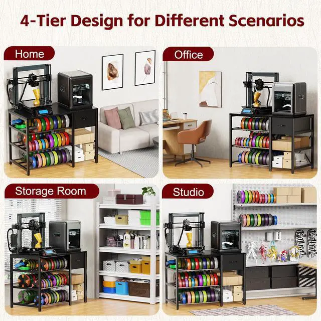 Alt view image 2 of 6 - Frebomboo 3D Printer Filament Storage Rack, Black Versatile 3D Printer Stand Shelf with Drawer, Mobile 3-Tier Metal Filament Spool Holder, Perfect 3D Printer Cart Desk for Office Workshop Studio
