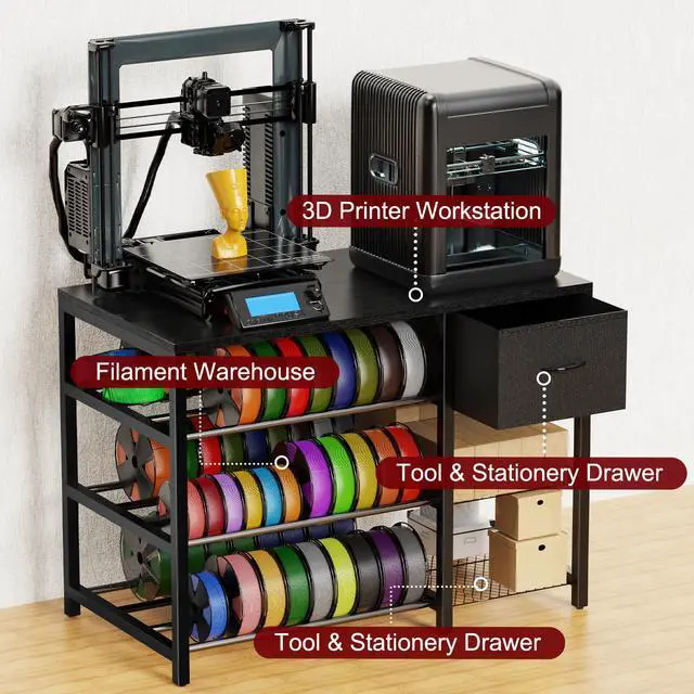 Alt view image 3 of 6 - Frebomboo 3D Printer Filament Storage Rack, Black Versatile 3D Printer Stand Shelf with Drawer, Mobile 3-Tier Metal Filament Spool Holder, Perfect 3D Printer Cart Desk for Office Workshop Studio
