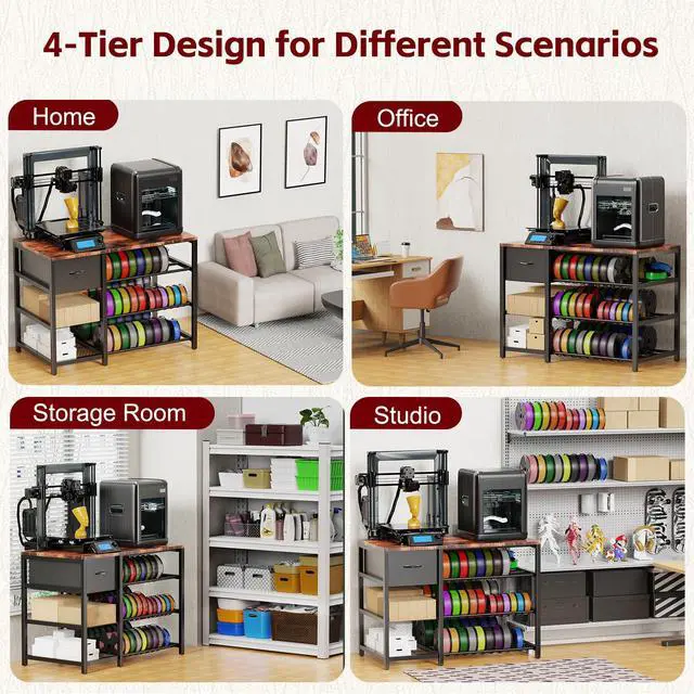 Alt view image 2 of 6 - Frebomboo 3D Printer Filament Storage Rack, Versatile 3D Printer Stand Shelf with Drawer, Mobile 3-Tier Metal Filament Spool Holder, Perfect 3D Printer Cart Desk for Office Workshop Studio