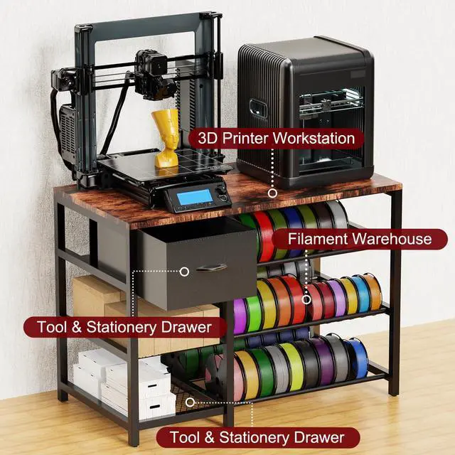 Alt view image 3 of 6 - Frebomboo 3D Printer Filament Storage Rack, Versatile 3D Printer Stand Shelf with Drawer, Mobile 3-Tier Metal Filament Spool Holder, Perfect 3D Printer Cart Desk for Office Workshop Studio