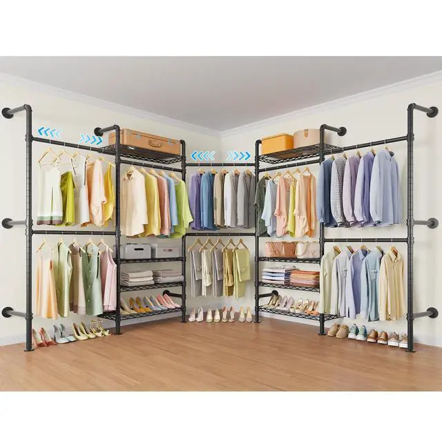 Alt view image 2 of 6 - L Shape Closet Rack Wall Mount for Corner, Heavy Duty Hanging Garment Rack Clothing Rack with 8 Adjustable Shelves & 4 Hanger Rods, Closet System for Hanging Clothes, Black