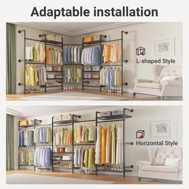 Alt view image 3 of 6 - L Shape Closet Rack Wall Mount for Corner, Heavy Duty Hanging Garment Rack Clothing Rack with 8 Adjustable Shelves & 4 Hanger Rods, Closet System for Hanging Clothes, Black