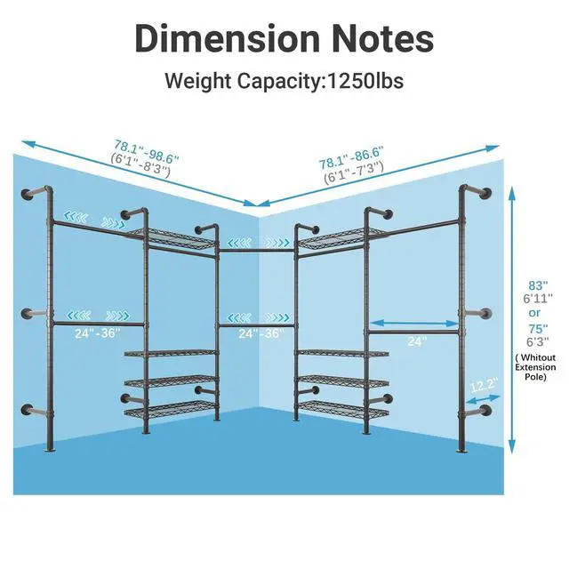 Alt view image 4 of 6 - L Shape Closet Rack Wall Mount for Corner, Heavy Duty Hanging Garment Rack Clothing Rack with 8 Adjustable Shelves & 4 Hanger Rods, Closet System for Hanging Clothes, Black