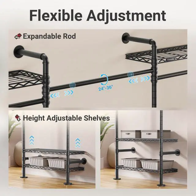 Alt view image 6 of 6 - L Shape Closet Rack Wall Mount for Corner, Heavy Duty Hanging Garment Rack Clothing Rack with 8 Adjustable Shelves & 4 Hanger Rods, Closet System for Hanging Clothes, Black