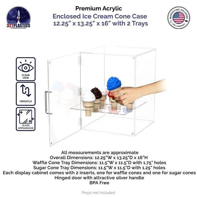 Alt view image 2 of 6 - Enclosed Ice Cream Cone Cabinet Clear Acrylic for Sugar or Waffle Cones with 9 Holes Door Closure and Silver Handle by
