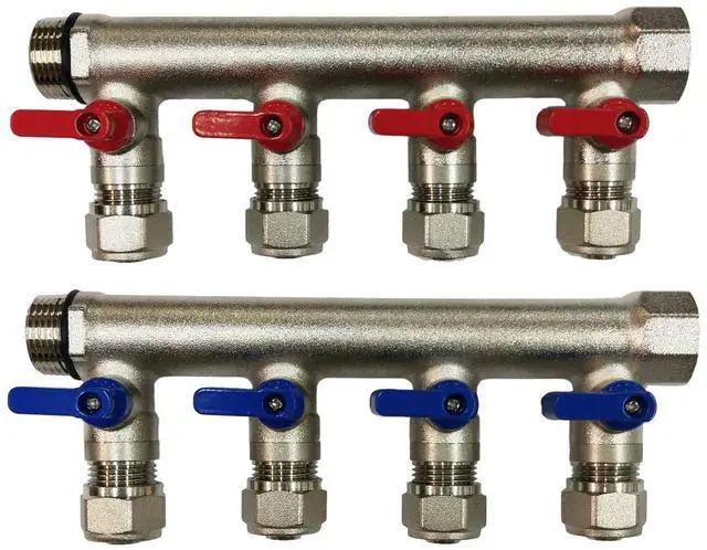 Main image of 3/4" 4 Loops Plumbing Manifolds w/ 1/2" Pex Ball Valves, Red and Blue Handles