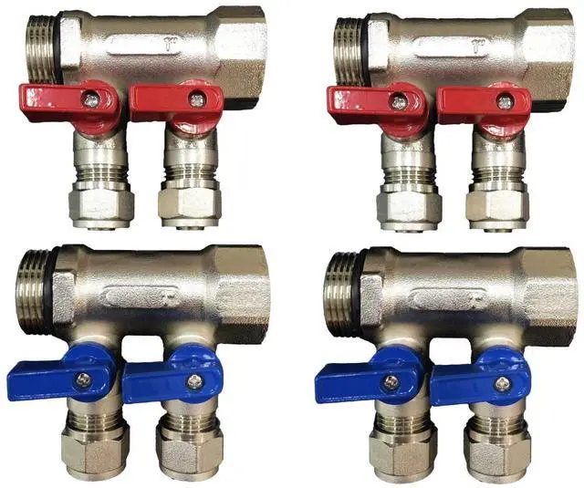 Alt view image 3 of 6 - 3/4" 4 Loops Plumbing Manifolds w/ 1/2" Pex Ball Valves, Red and Blue Handles