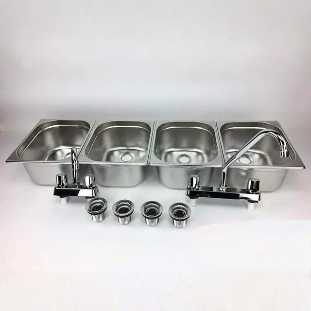Main image of 4-Large Compartment Drop-in Stainless Steel Concession Sink | Portable 4-basin sink with Dual faucet, bar drains, and basket strainers included. for food truck and concession stands
