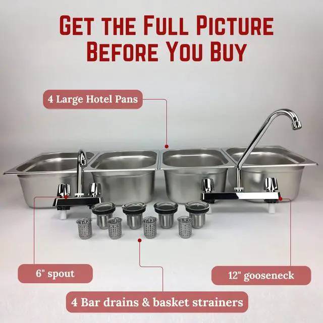 Alt view image 5 of 6 - 4-Large Compartment Drop-in Stainless Steel Concession Sink | Portable 4-basin sink with Dual faucet, bar drains, and basket strainers included. for food truck and concession stands