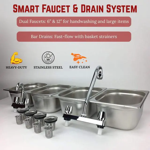 Alt view image 6 of 6 - 4-Large Compartment Drop-in Stainless Steel Concession Sink | Portable 4-basin sink with Dual faucet, bar drains, and basket strainers included. for food truck and concession stands