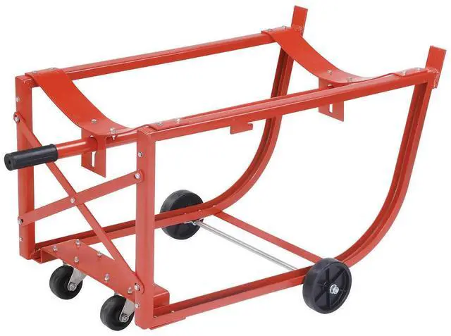 Main image of Easy-Steer Drum Cradle with Retractable Handle, For Use with 55 Gallon Steel Drums, 5" & 3" Polyolefin Wheels, 600 Lbs Capacity, Steel Construction