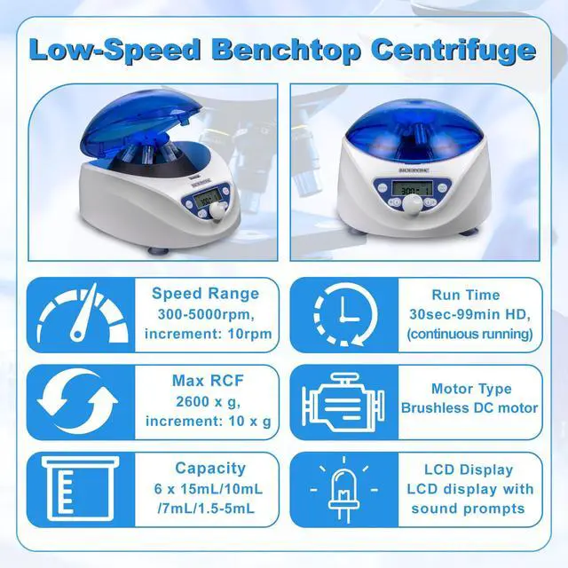 Alt view image 2 of 6 - PRP Benchtop Centrifuge, 300-5000 RPM Lab Centrifuge, Max. 2600xg RCF, LCD Digital Microcentrifuge with Brushless DC Motor, Rotor for 6x15ml /10ml/ 7ml/ 1.5-5ml PRP Tubes